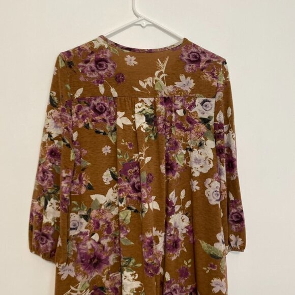 ENTRO Brown Tan Purple Multi Floral 3/4 Sleeve Tassel Tie Boho Fit & Flare Dress - Picture 10 of 11